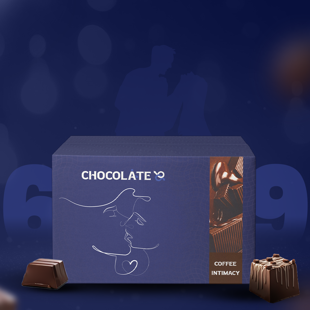 Chocolate packaging with a blue background and two chocolate bars on either side.