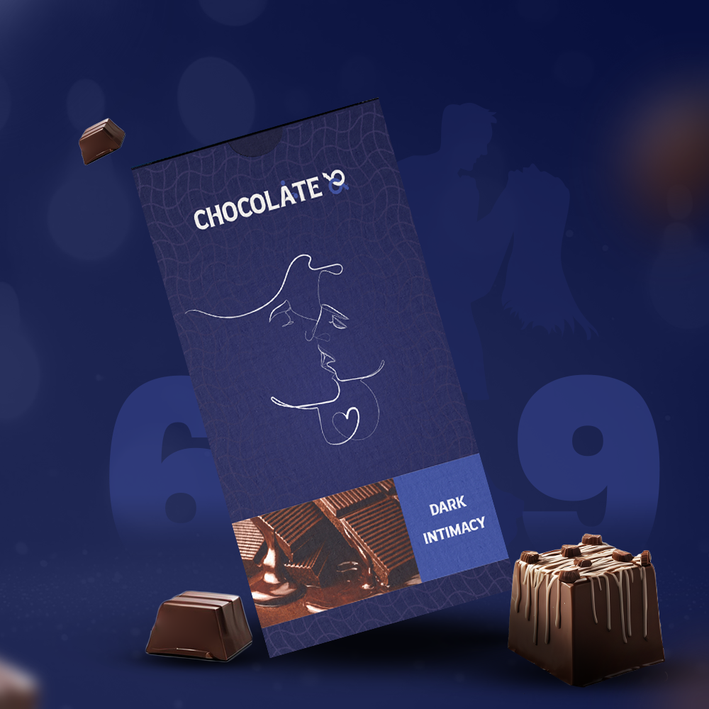 Chocolate bar packaging with 'Dark Intimacy' on a blue background