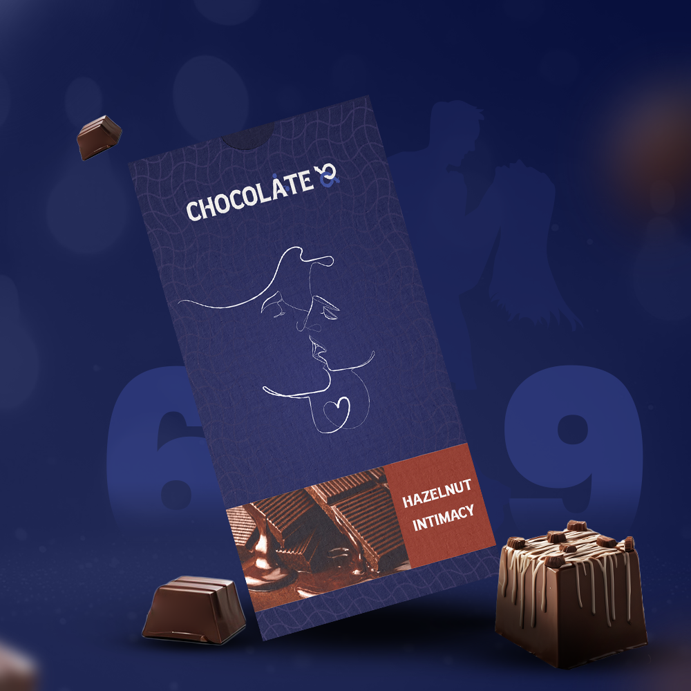 Chocolate bar packaging with 'CHOCOLATE' branding on a blue background